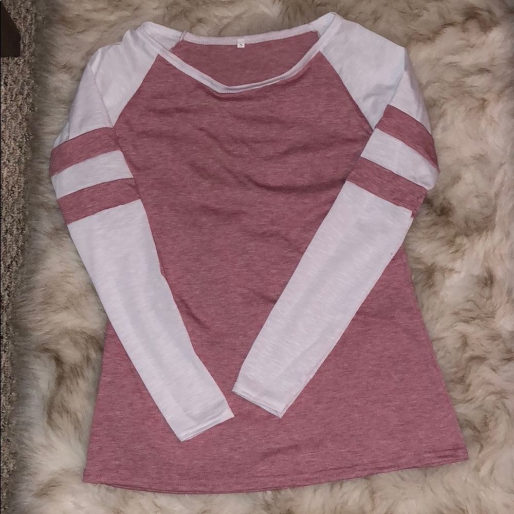 pink and white long sleeve tee
